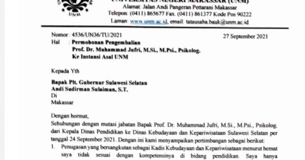 Pengembalian Prof Muhammad Jufri, BKD Sulsel: Pemprov Boleh Tolak