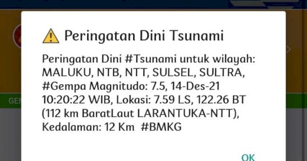 Gempa 7,5 Magnitudo, BMKG Keluarkan Peringatan Dini Tsunami di Sejumlah Daerah
