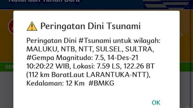 Gempa 7,5 Magnitudo, BMKG Keluarkan Peringatan Dini Tsunami di Sejumlah Daerah