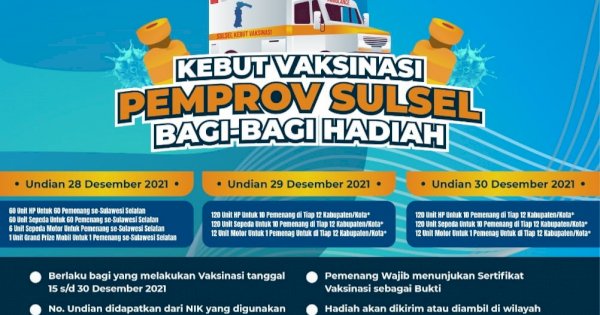Pemprov Sulsel Siapkan Doorprize Satu Unit Mobil Bagi Masyarakat yang Disuntik Vaksin Covid-19