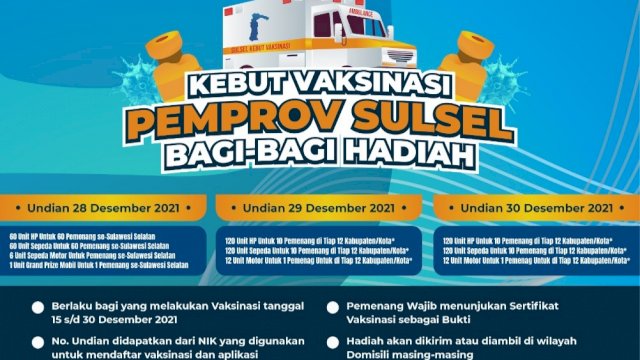 Pemprov Sulsel Siapkan Doorprize Satu Unit Mobil Bagi Masyarakat yang Disuntik Vaksin Covid-19