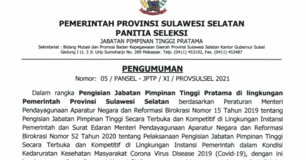 Pendaftaran Ditutup, 145 Peserta Perebutkan 15 Jabatan Lowong Pemprov Sulsel