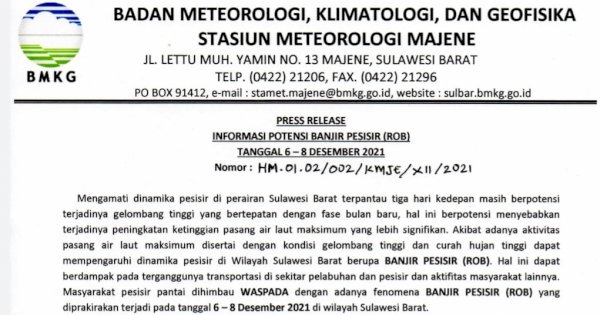 BMKG Majene Imbau Masyarakat Pesisir Pantai Waspada Banjir Rob