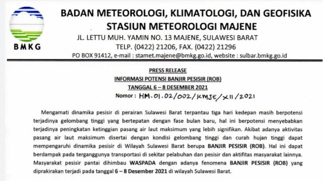 BMKG Majene Keluarkan Peringatan waspada banjir rob di wilayah pesisir pantai || ist