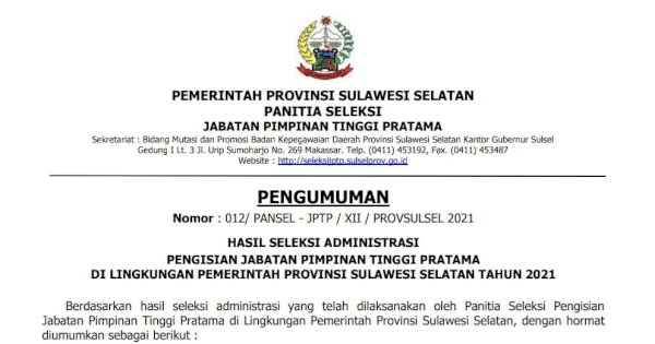 22 Peserta Gugur Seleksi Administrasi Lelang Jabatan Eselon II Pemprov Sulsel