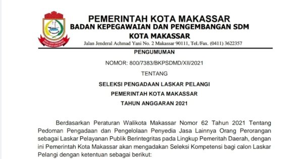 Seleksi Pengadaan Laskar Pelangi Pemkot Makassar Dimulai 20 Desember