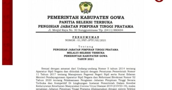 Pemkab Gowa Lelang Lima Jabatan Lowong