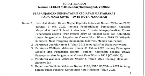 PPKM Level Tiga di Makassar Kembali Diperpanjang Pasca Lebaran