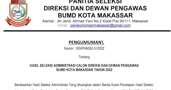 Pansel Umumkan Hasil Seleksi Administrasi Lelang BUMD