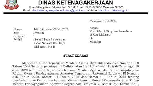 Surat Edaran Dinas Ketenagakerjaan (Disnaker) Makassar tentang Pelaksanaan Libur Nasional IdulAdha 1443 Hijriah