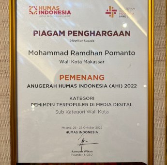 Danny Pomanto Sabet Penghargaan Wali Kota Terpopuler di AHI 2022