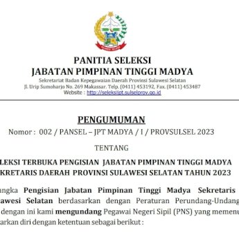 Pendaftaran Lelang Sekprov Sulsel Dibuka Hingga 27 Januari, Ini Syaratnya!