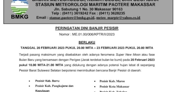 BMKG Keluarkan Peringatan Dini Waspada Banjir di Wilayah Persisir Kota Makassar