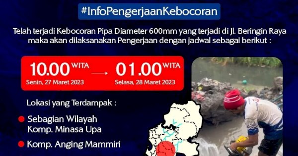 Suplai Air Bersih di Lima Titik Disetop Selama 15 Jam Akibat Kebocoran Pipa, Warga Diimbau Menampung Air
