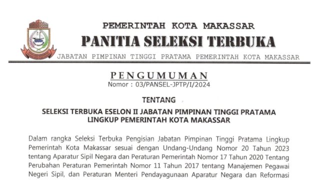 7 Jabatan Lowong Pemkot Makassar Resmi Dibuka, Catat Tanggalnya!