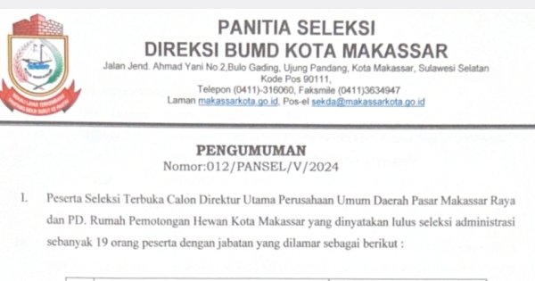 Lulus Seleksi Administrasi, 19 Nama Calon Dirut Perusda Pemkot Makassar