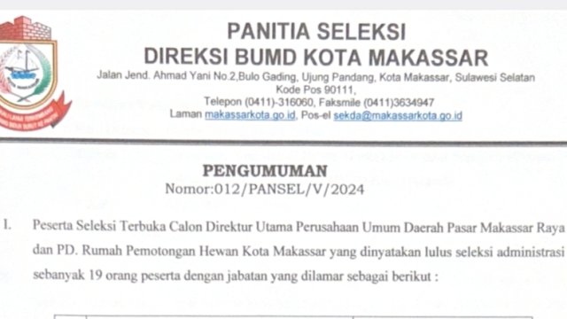Lulus Seleksi Administrasi, 19 Nama Calon Dirut Perusda Pemkot Makassar