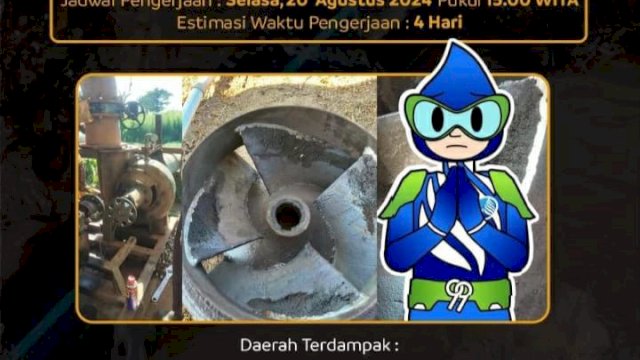 PDAM Kota Makassar umumkan kerusakan Impeller Pompa Suplesi yang ada di Moncongloe