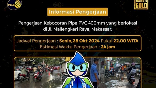 Kebocoran Pipa di Jalan Mallengkeri Akibatkan Suplai Air Bersih Terganggu di Beberapa Titik
