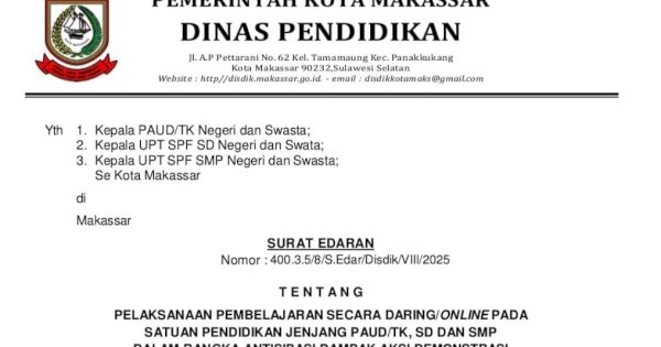 Antisipasi Dampak Aksi Unjuk Rasa, Disdik Makassar Berlakukan Belajar Online Hingga 4 September