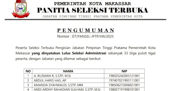 33 Peserta Lolos Seleksi Administrasi Lelang Jabatan Eselon II Pemkot Makassar, Berikut Nama-Namanya!