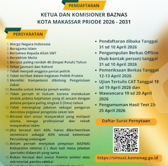 Dibuka Seleksi Komisioner BAZNAS Kota Makassar Periode 2026&ndash;2031, Ini Syarat dan Jadwalnya!