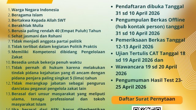 Dibuka Seleksi Komisioner BAZNAS Kota Makassar Periode 2026&ndash;2031, Ini Syarat dan Jadwalnya!