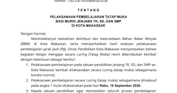 Disdik Makassar Cabut PJJ, Siswa TK-SMP Kembali Sekolah Tatap Muka 16 September