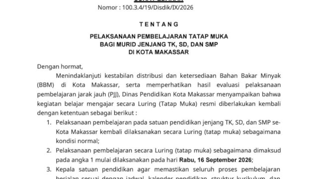 Disdik Makassar Cabut PJJ, Siswa TK-SMP Kembali Sekolah Tatap Muka 16 September