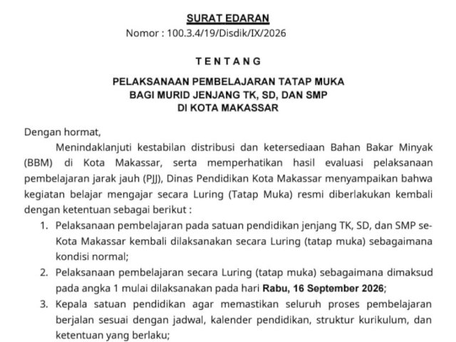 Disdik Makassar Cabut PJJ, Siswa TK-SMP Kembali Sekolah Tatap Muka 16 September