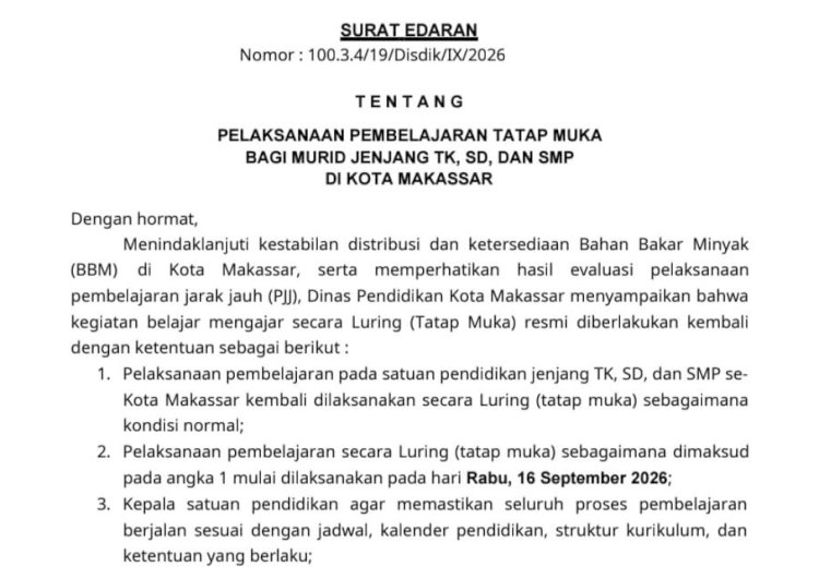 Disdik Makassar Cabut PJJ, Siswa TK-SMP Kembali Sekolah Tatap Muka 16 September
