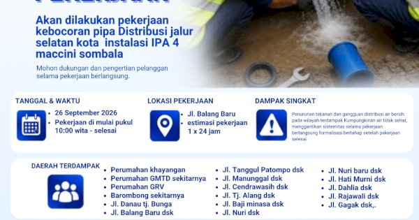PDAM Makassar Perbaiki Kebocoran Pipa di Balang Baru, Distribusi Air Terganggu di Sejumlah Wilayah