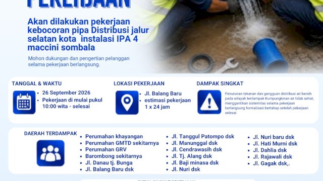 PDAM Makassar Perbaiki Kebocoran Pipa di Balang Baru, Distribusi Air Terganggu di Sejumlah Wilayah
